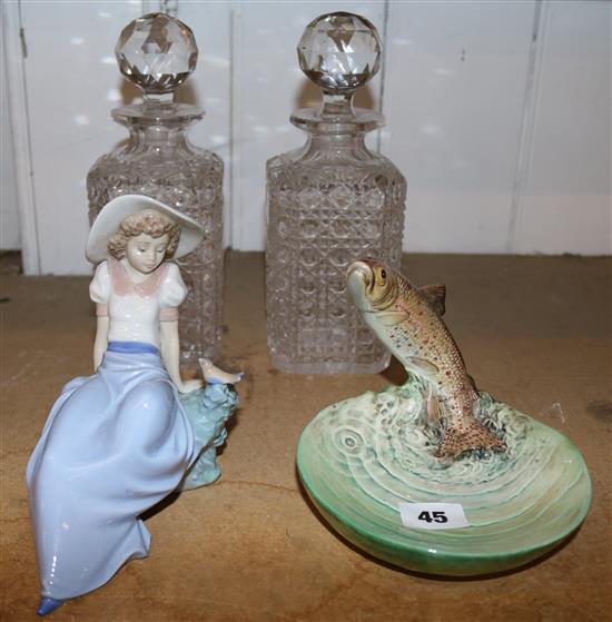Pair of hobnail cut decanters, Beswick fish & Nao figurine